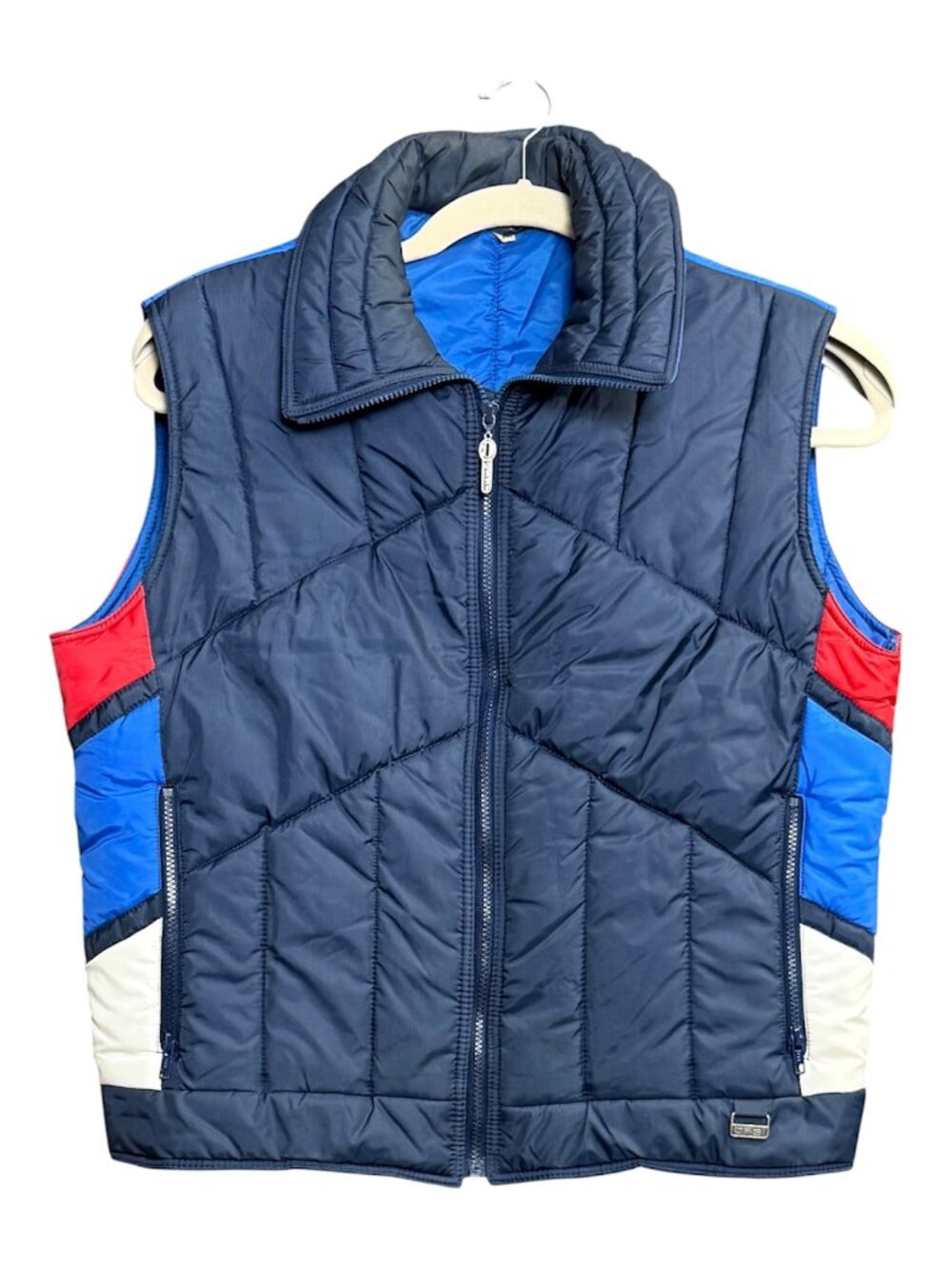 Vtg OSSI Ski Wear Blue Mens Quilted Puffer Vest Full Zip Pockets Colorblock Sz L